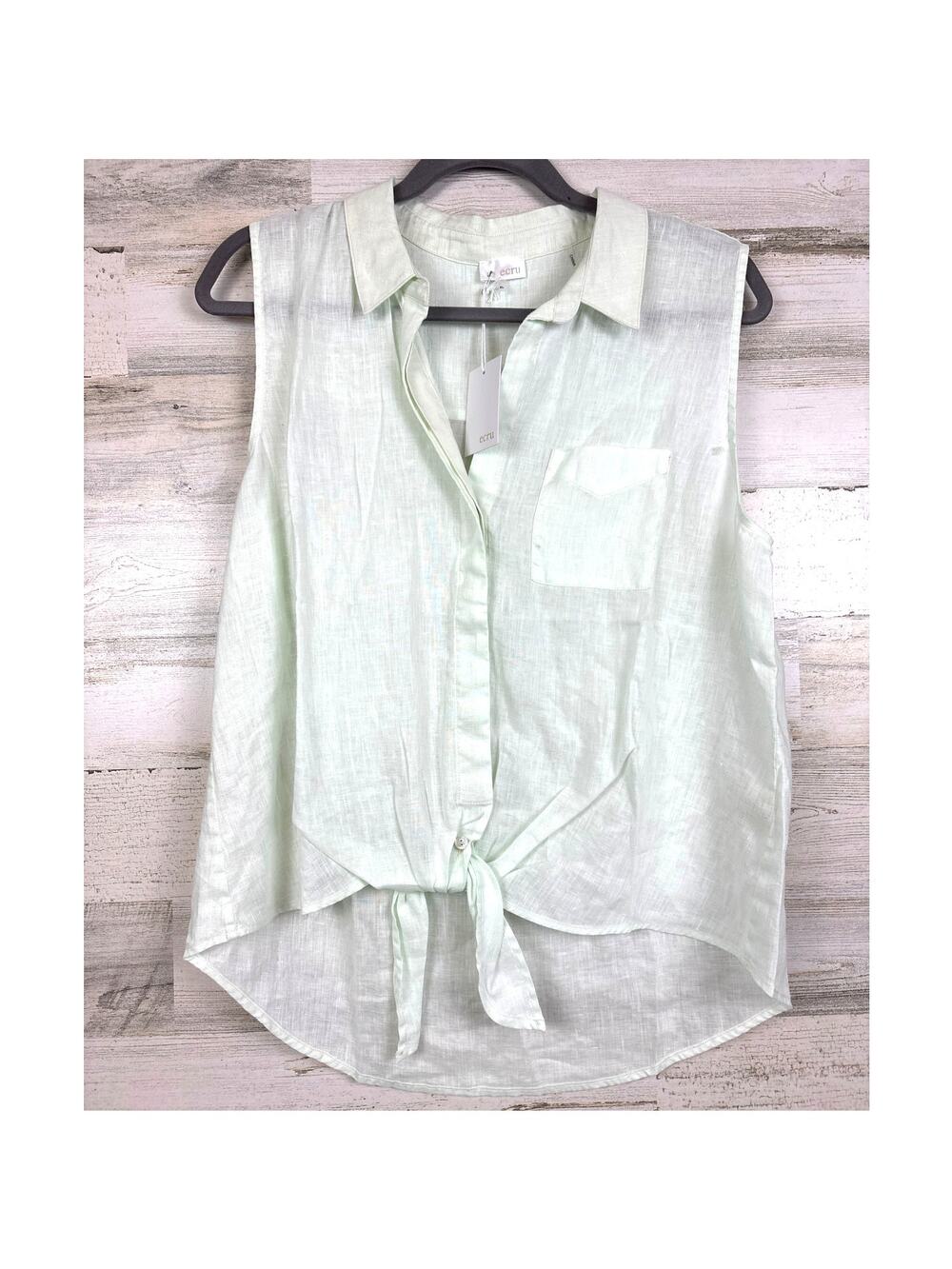 Ecru Womens XL Light Blue 100% Linen Sleeveless Lightweight Summer Blouse NEW